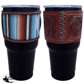 30 oz Insulated Black Tumbler with Removable Argentina Cow Leather Serape Print Sleeve.