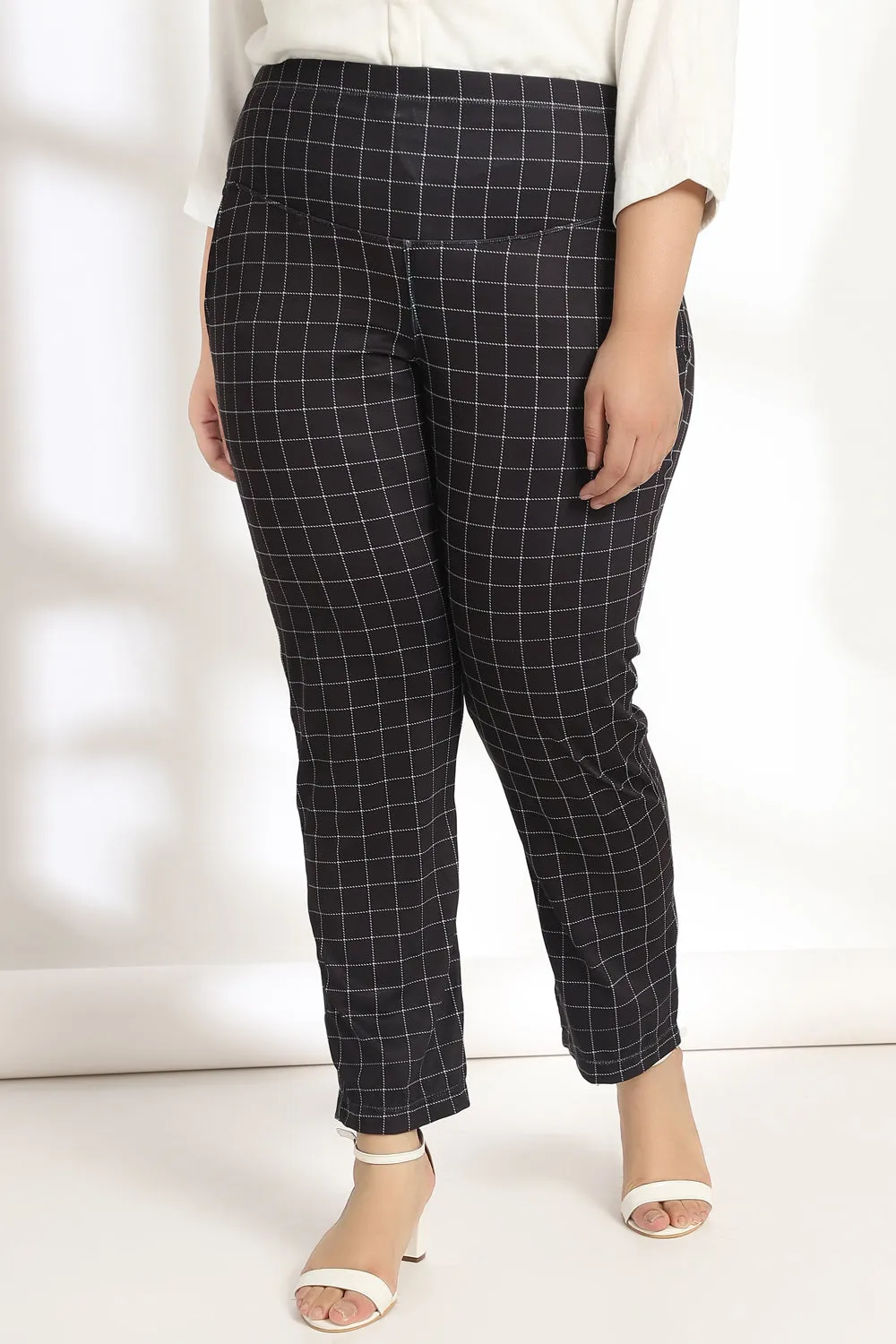 Black White Plaids Tummy Shaper Printed Pants