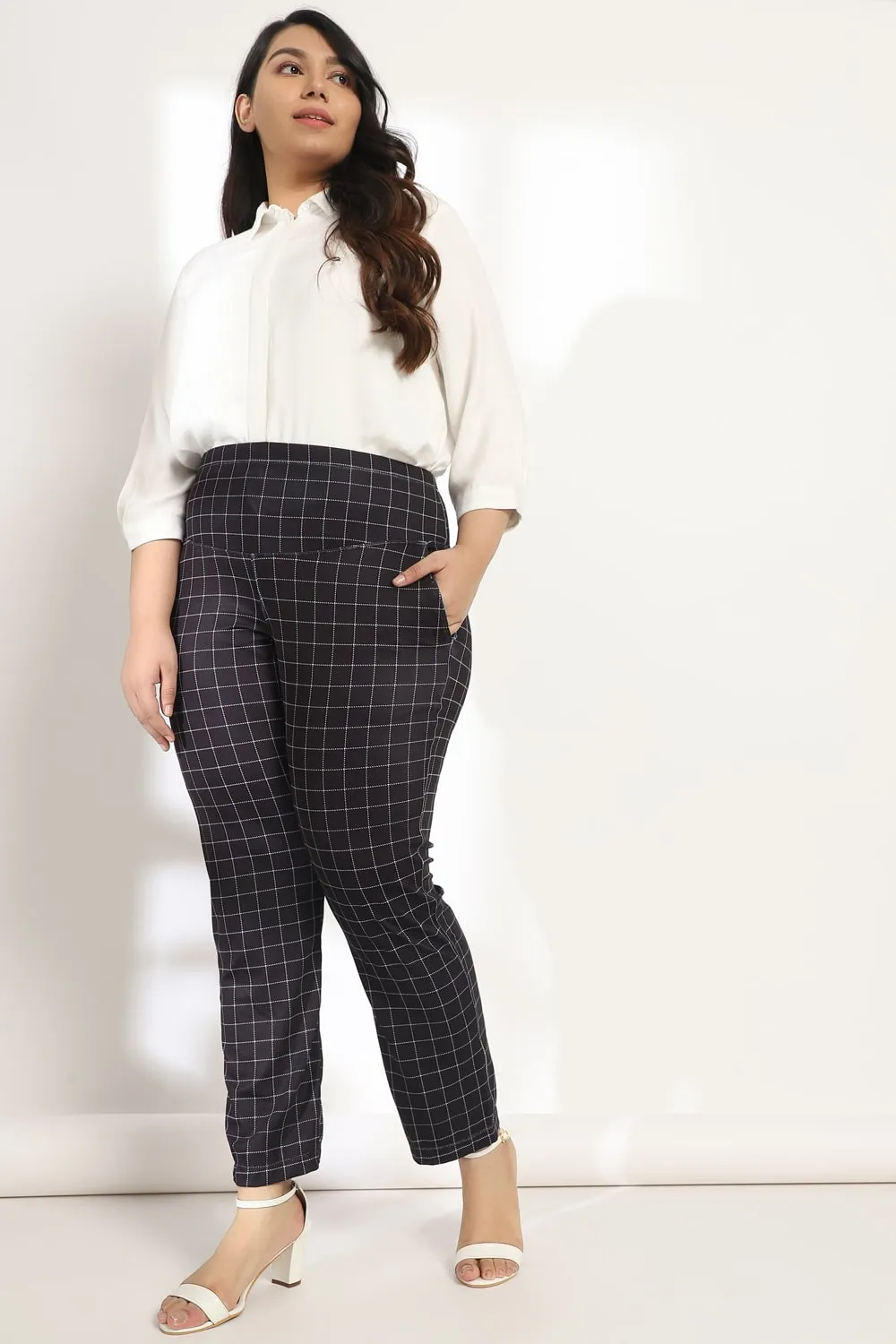 Black White Plaids Tummy Shaper Printed Pants