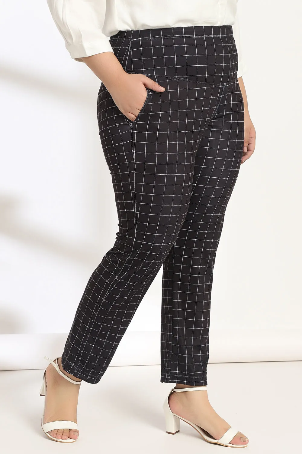 Black White Plaids Tummy Shaper Printed Pants