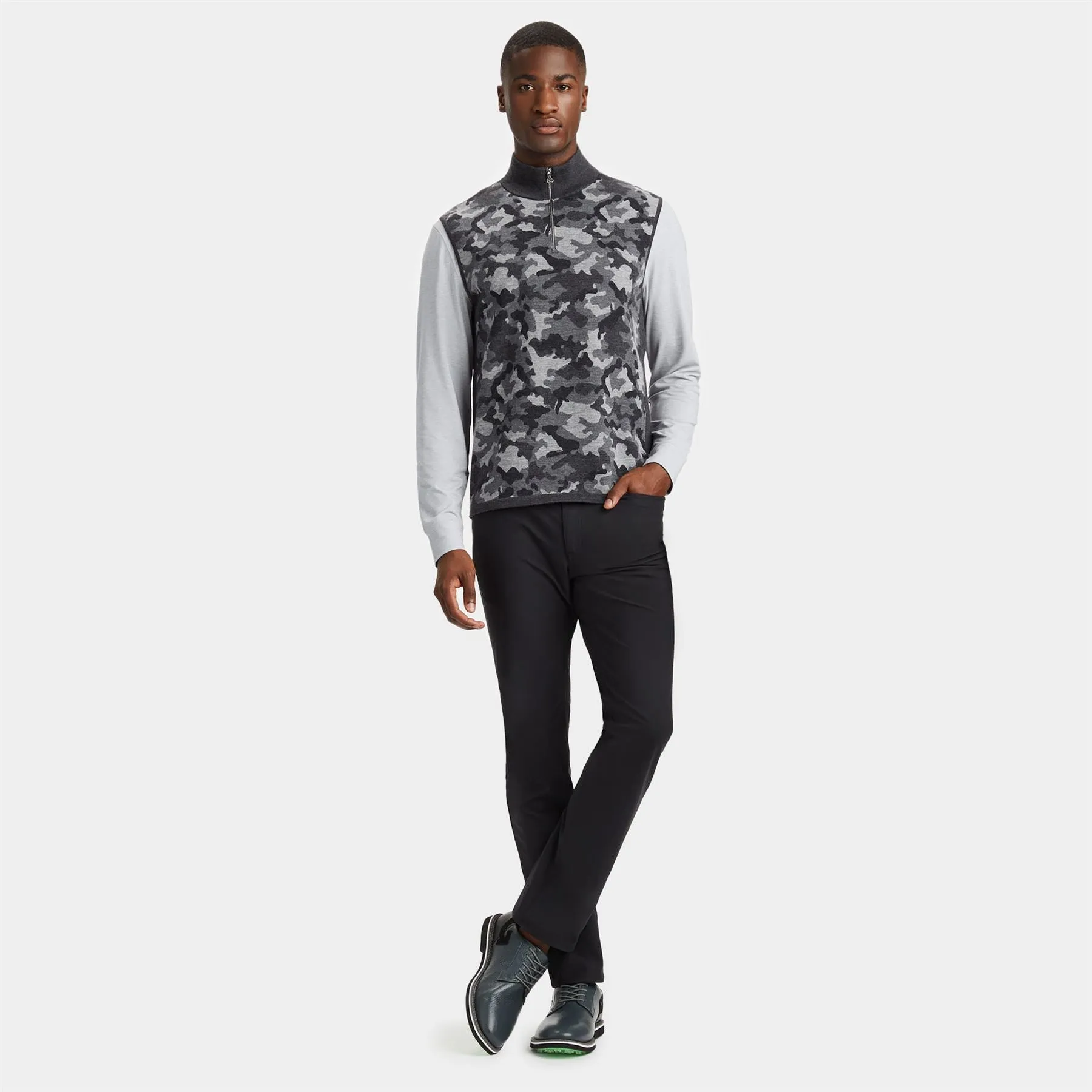 Camo Jacquard Merino Wool Quarter Zip Sweater Vest Charcoal Camo - SS24