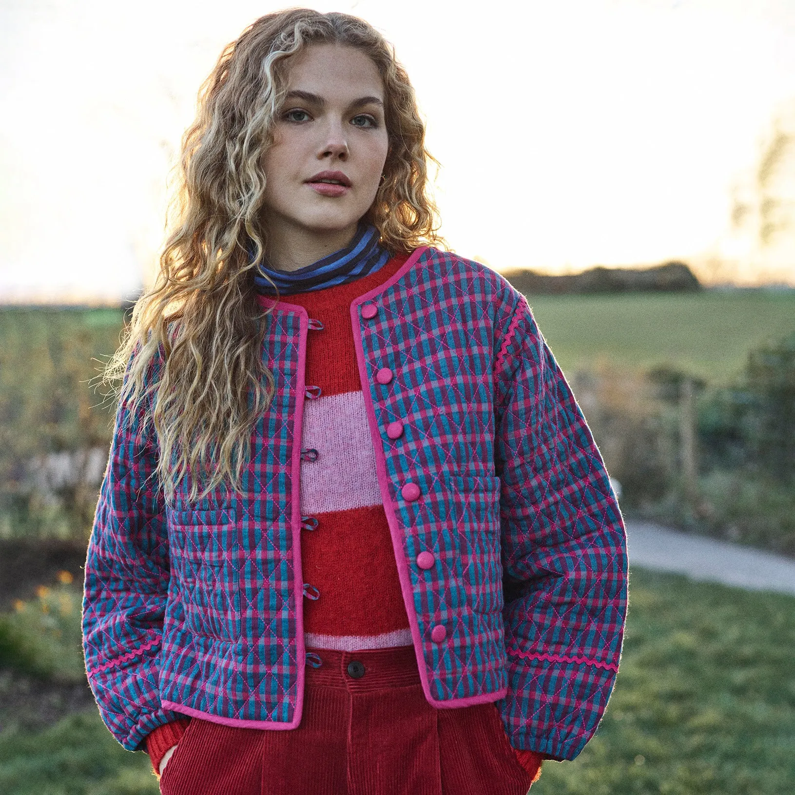 Lowie Teal and Red Check Quilted Jacket