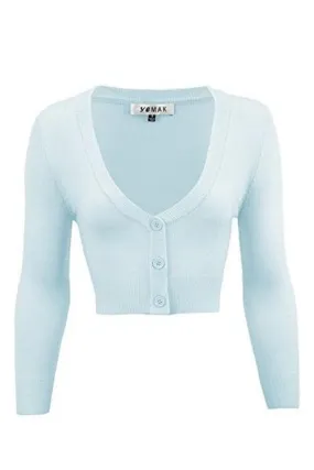 MAK Sweaters Cropped Cardigan with 3/4 Sleeves in Light Blue