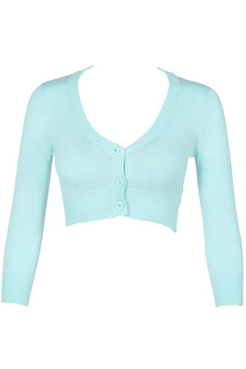 MAK Sweaters Cropped Cardigan with 3/4 Sleeves in Light Blue