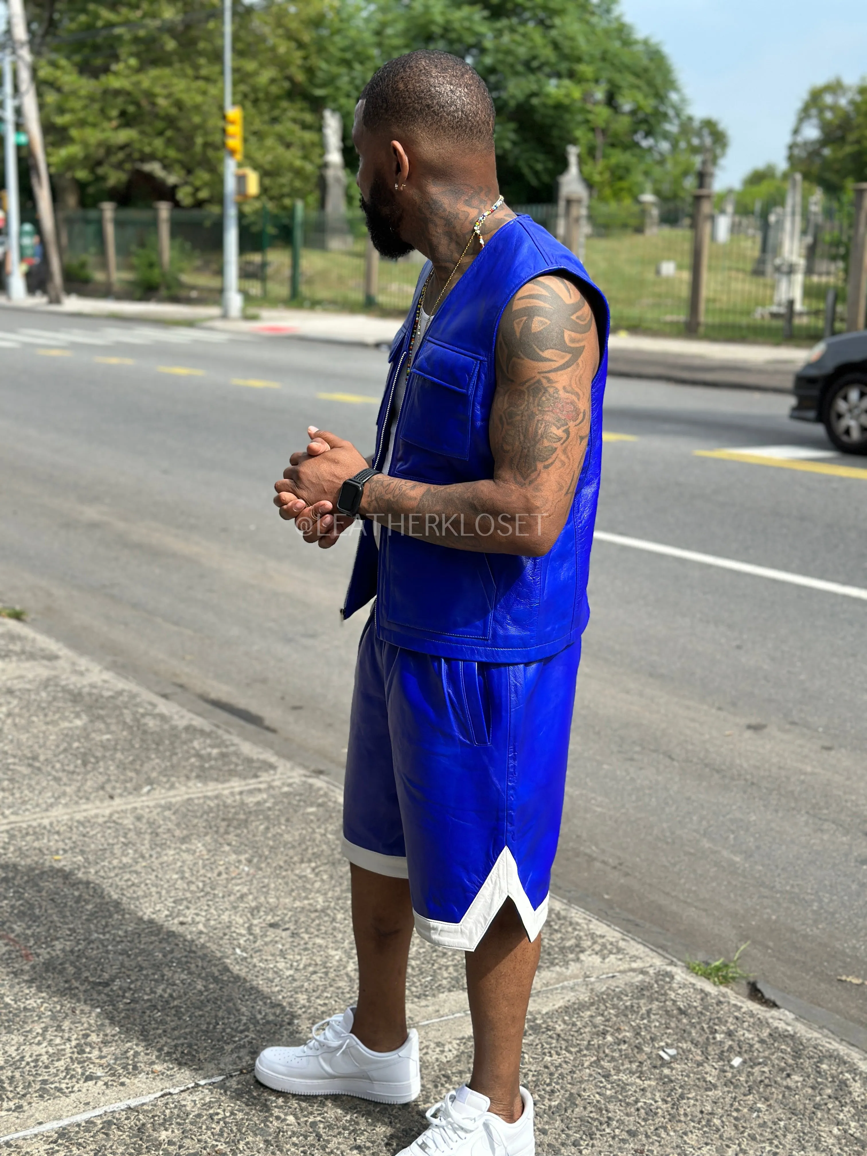 Men's 2 Live and Die Vest With Leather Shorts [Royal Blue]