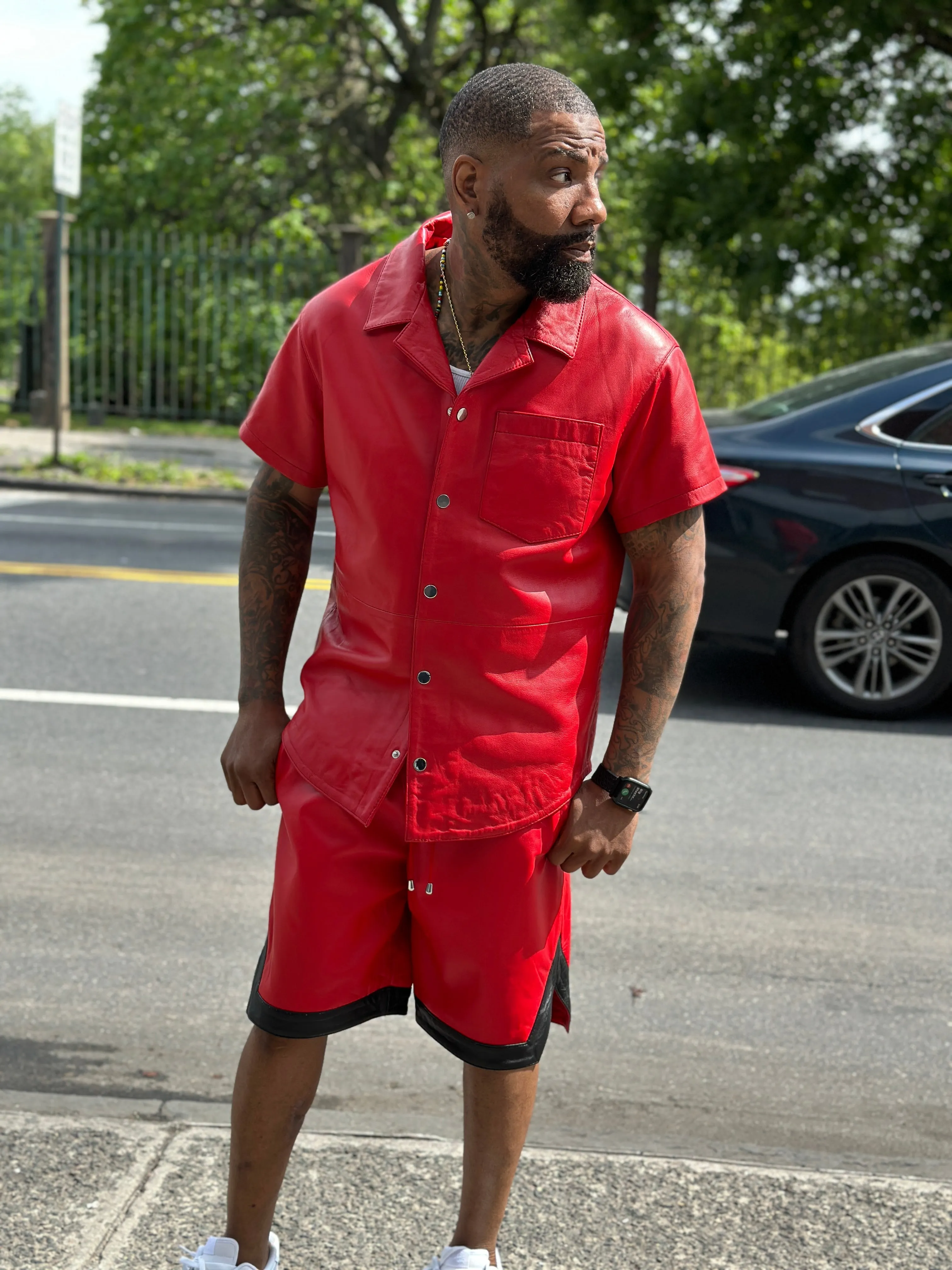 Men's Summer In Miami Leather Shirt And Shorts Set [Red/Black Stripe]