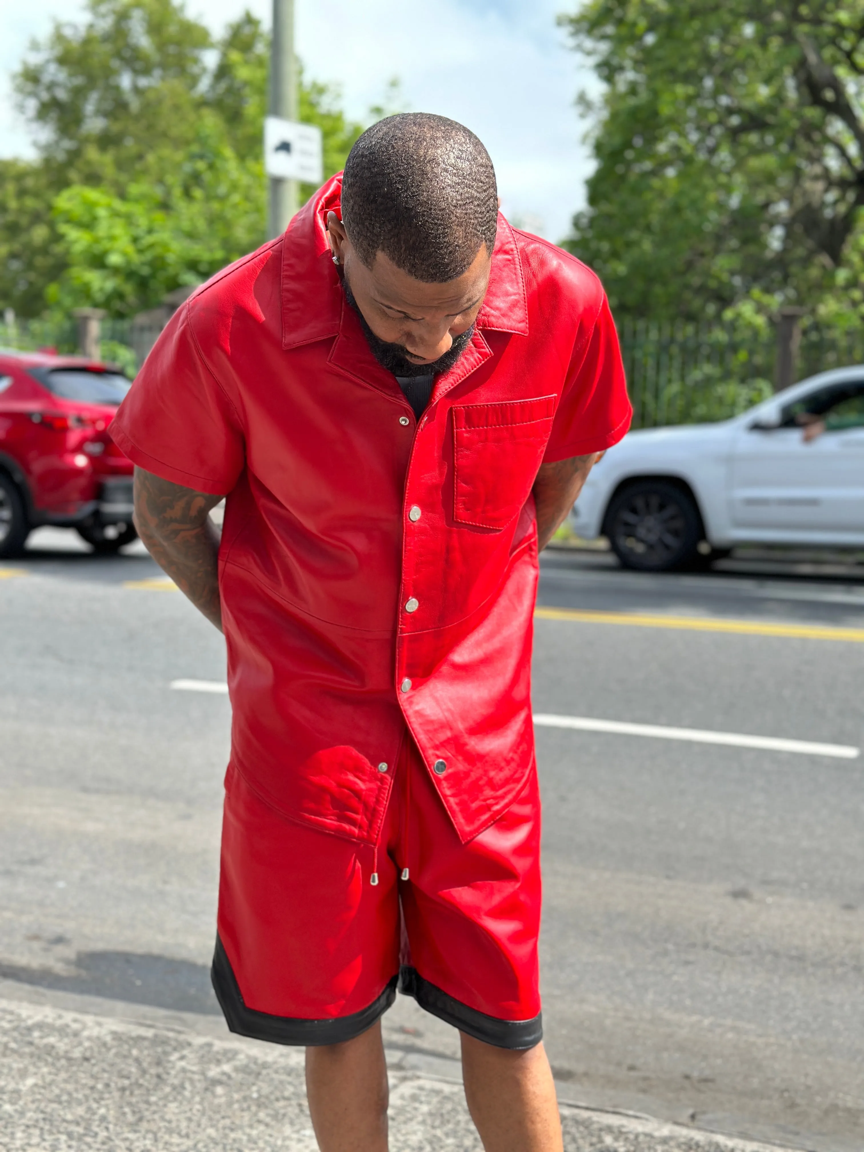 Men's Summer In Miami Leather Shirt And Shorts Set [Red/Black Stripe]