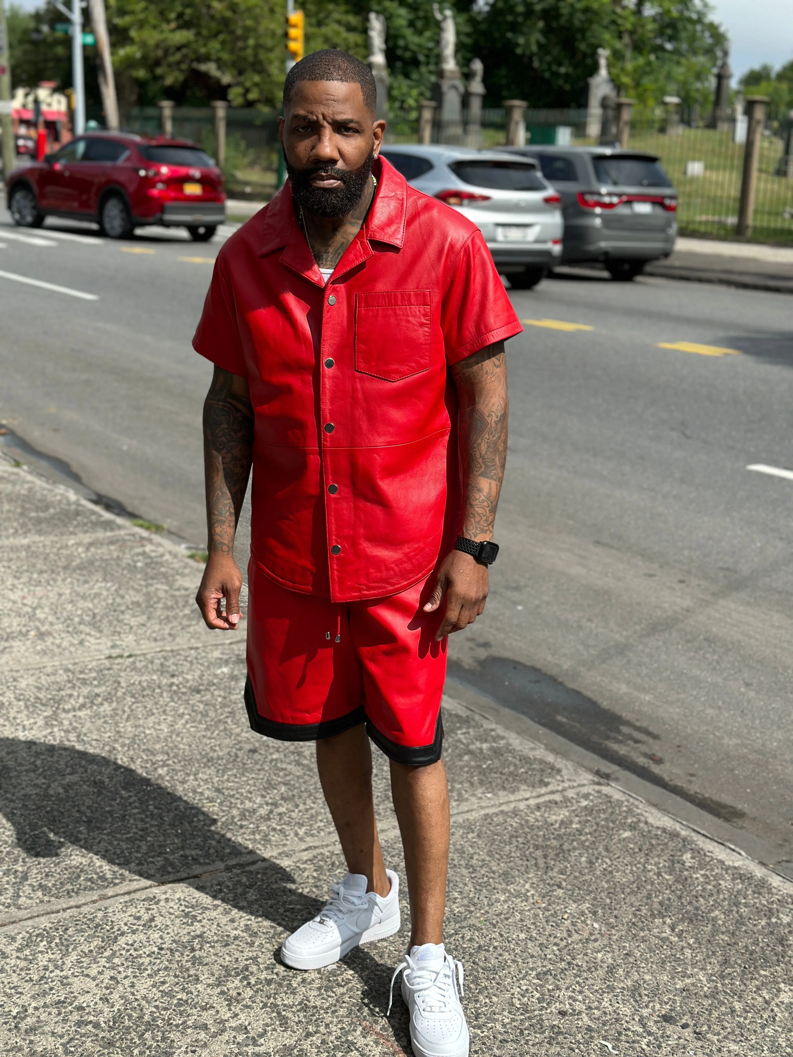 Men's Summer In Miami Leather Shirt And Shorts Set [Red/Black Stripe]