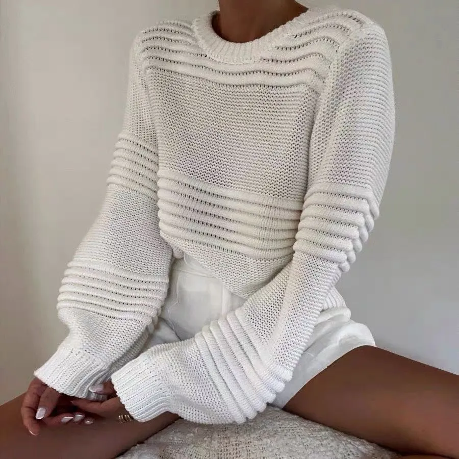 Rib True Knit Womens Round Neck Balloon Sleeve Sweater Jumper