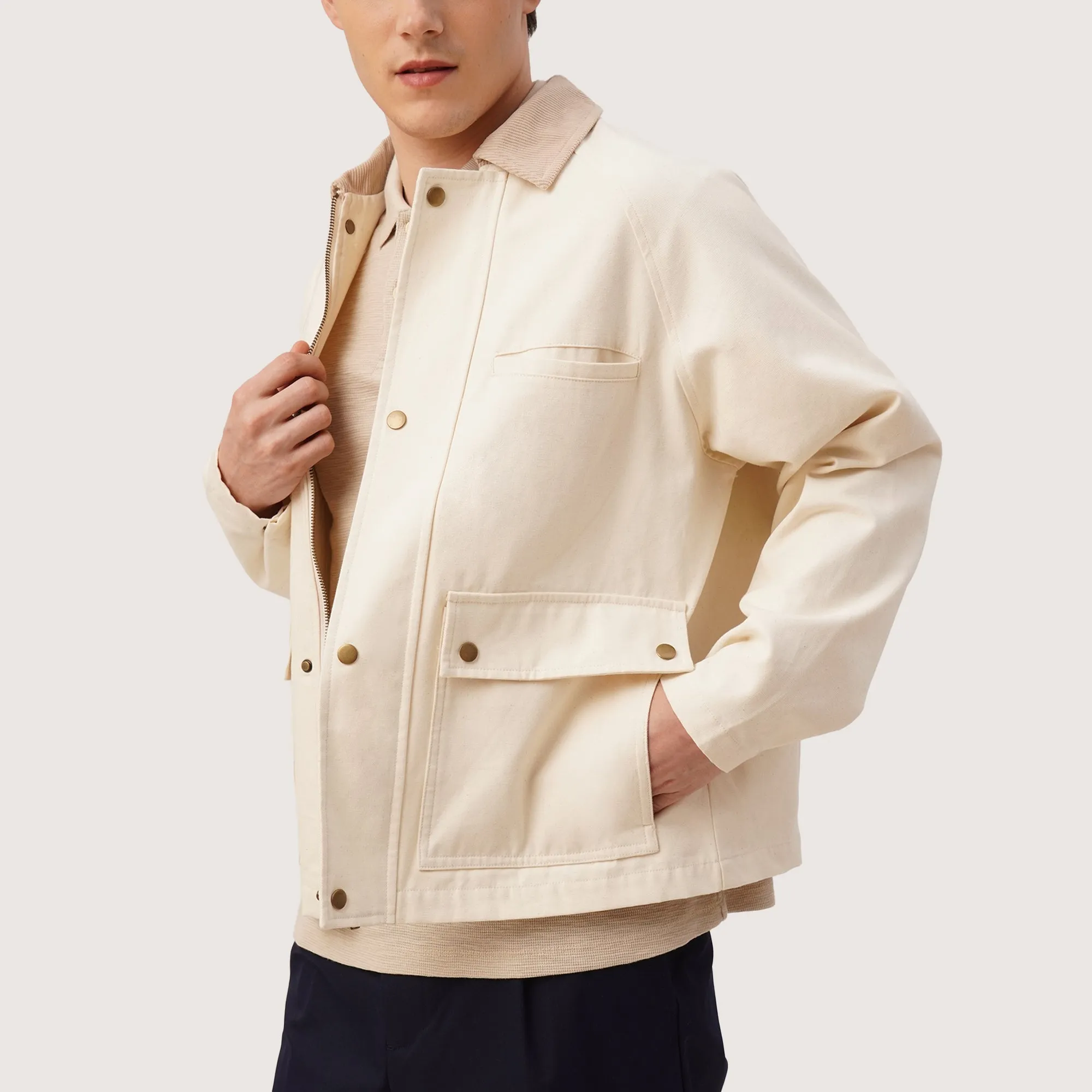 Woven Jacket With Multiple Pockets And Contrast Collar