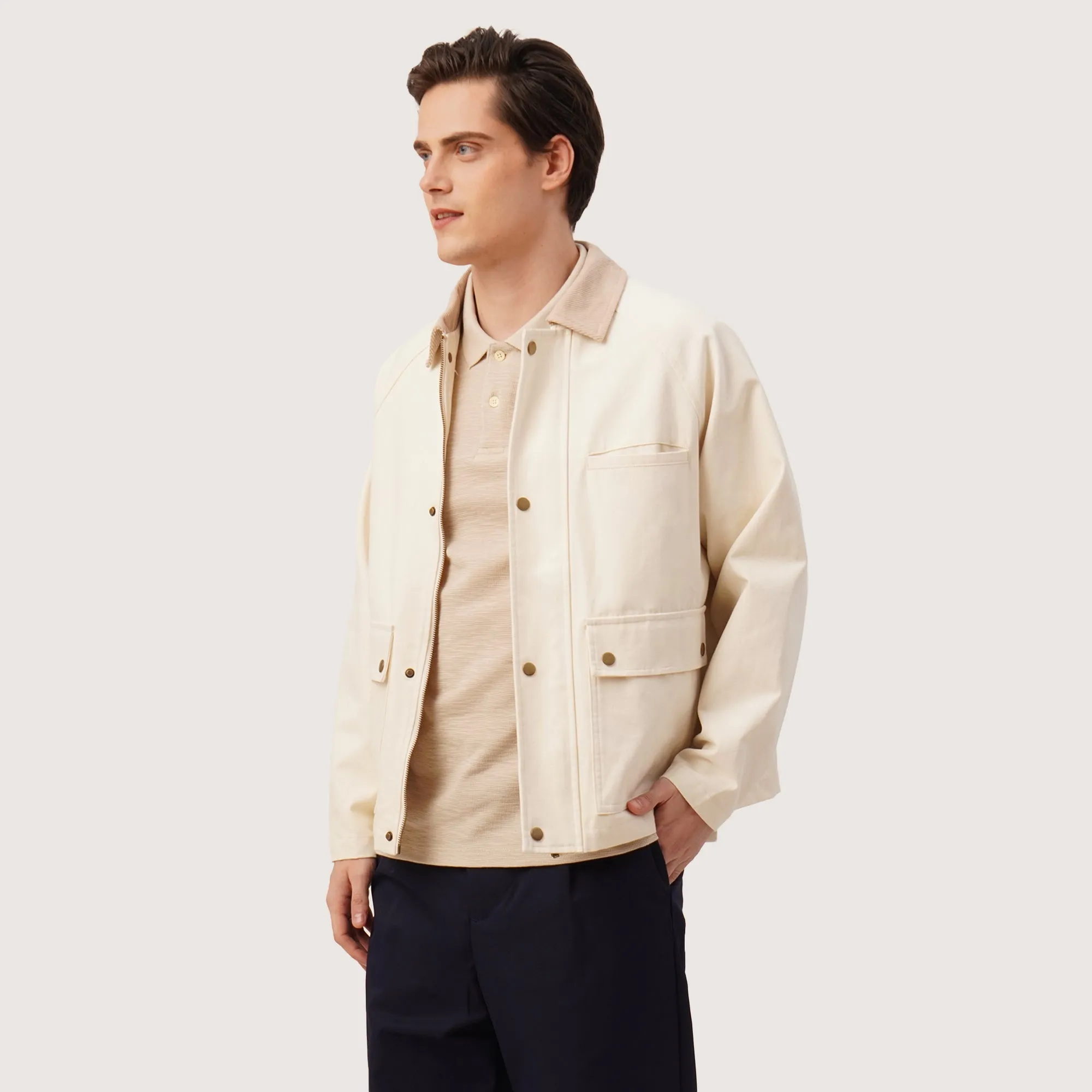 Woven Jacket With Multiple Pockets And Contrast Collar