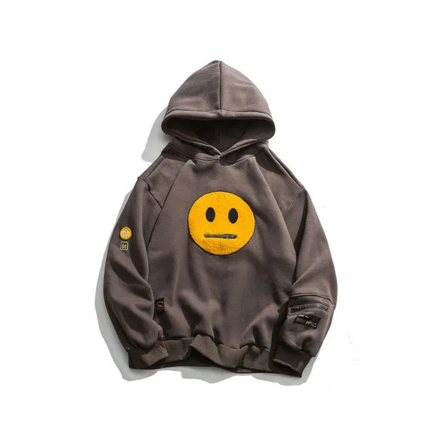 Zipper Pocket Smiley Face Patchwork Fleece Hoodies